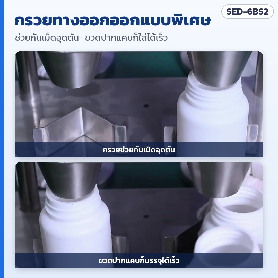 เครื่องนับเม็ดยา/แคปซูลกึ่งอัตโนมัติ 6 ช่อง 2 หัวลงขวด SED-6BS2 – กรวยทางออกออกแบบพิเศษ ช่วยกันเม็ดอุดตัน ขวดปากแคบก็บรรจุได้เร็ว (ภาพจากคลิปเครื่องจริง)