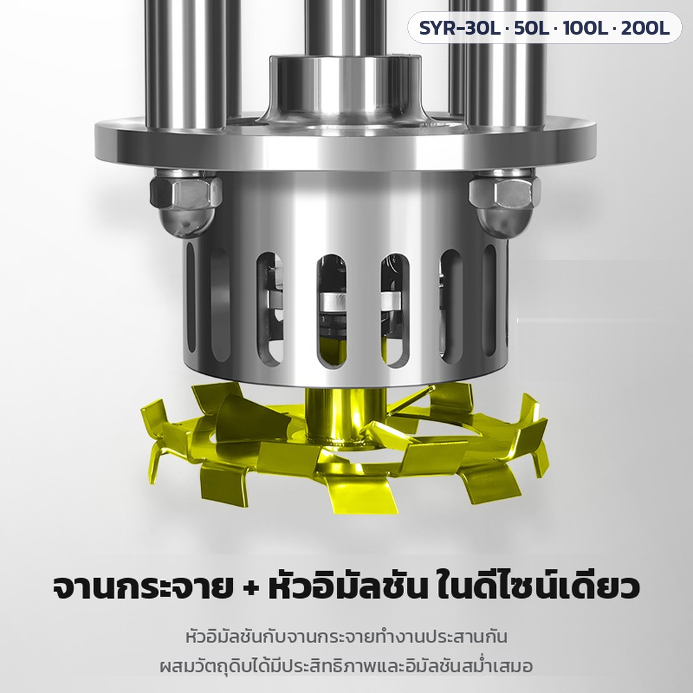 เครื่องอิมัลซิไฟเออร์ยกขึ้นลงมือหมุน SYR-30L / 50L / 100L / 200L – จานกระจายและหัวอิมัลชันรวมอยู่ในชุดเดียว หัวอิมัลชันเป็นโรเตอร์-สเตเตอร์สร้างแรงเฉือนสูง จานกระจายพาวัสดุให้ไหลเวียน