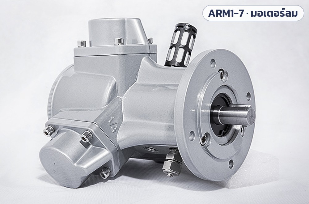 มอเตอร์ลมแบบลูกสูบ ARM1 ARM3 ARM5 ARM6 ARM7 (Piston Air Motor) – ภาพถ่ายสินค้า: แบบหน้าแปลนกลม (I) มองเฉียง เห็นตัวเก็บเสียงและฝาครอบลูกสูบ