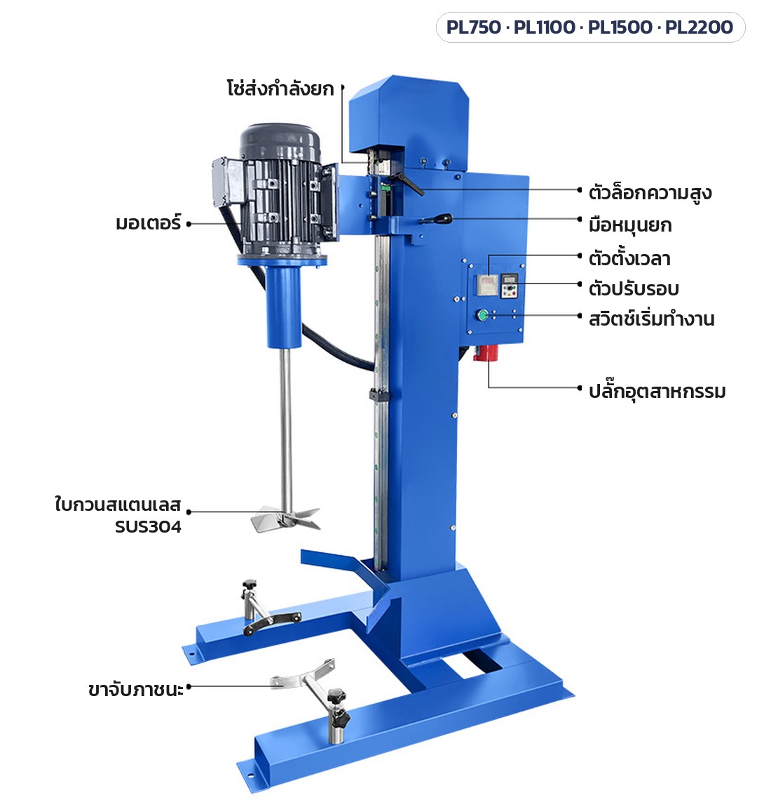 เครื่องกวนกระจายสารความเร็วสูง ถัง 20–50 ลิตร PL-750 / 1100 / 1500 / 2200 – ชิ้นส่วนหลัก: โซ่ส่งกำลังยก มอเตอร์ ตัวล็อกความสูง มือหมุนยก ตัวตั้งเวลา ตัวปรับรอบ สวิตช์เริ่มทำงาน ปลั๊กอุตสาหกรรม ใบกวนสแตนเลส SUS304 ขาจับภาชนะ