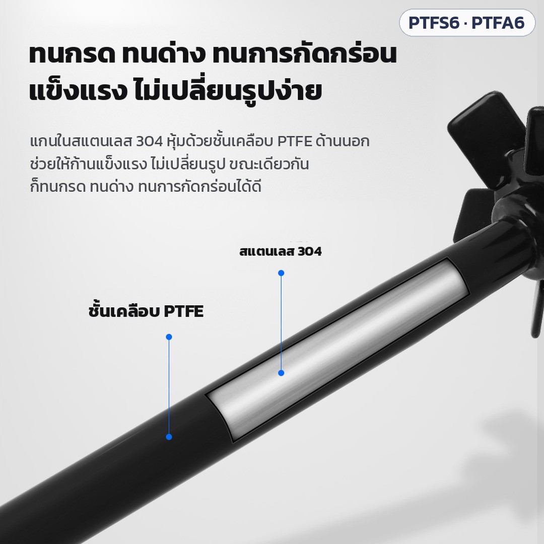 ใบกวนกังหัน 6 ใบ เคลือบ PTFE ใบตรง / ใบเอียง PTFS6 / PTFA6 – แกนในสแตนเลส 304 หุ้มชั้นเคลือบ PTFE ด้านนอก แข็งแรง ไม่เปลี่ยนรูปง่าย ทนกรด ทนด่าง ทนการกัดกร่อน
