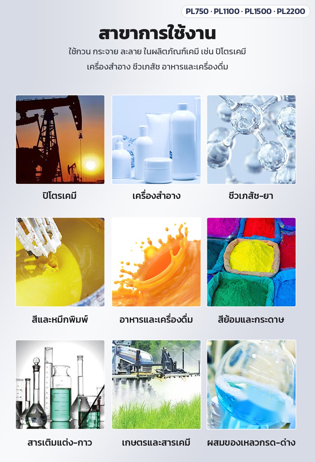 เครื่องกวนกระจายสารความเร็วสูง ถัง 20–50 ลิตร PL-750 / 1100 / 1500 / 2200 – สาขาการใช้งาน: ปิโตรเคมี เครื่องสำอาง ชีวเภสัช-ยา สีและหมึกพิมพ์ อาหารและเครื่องดื่ม สีย้อมและกระดาษ สารเติมแต่ง-กาว เกษตร ผสมของเหลวกรด-ด่าง