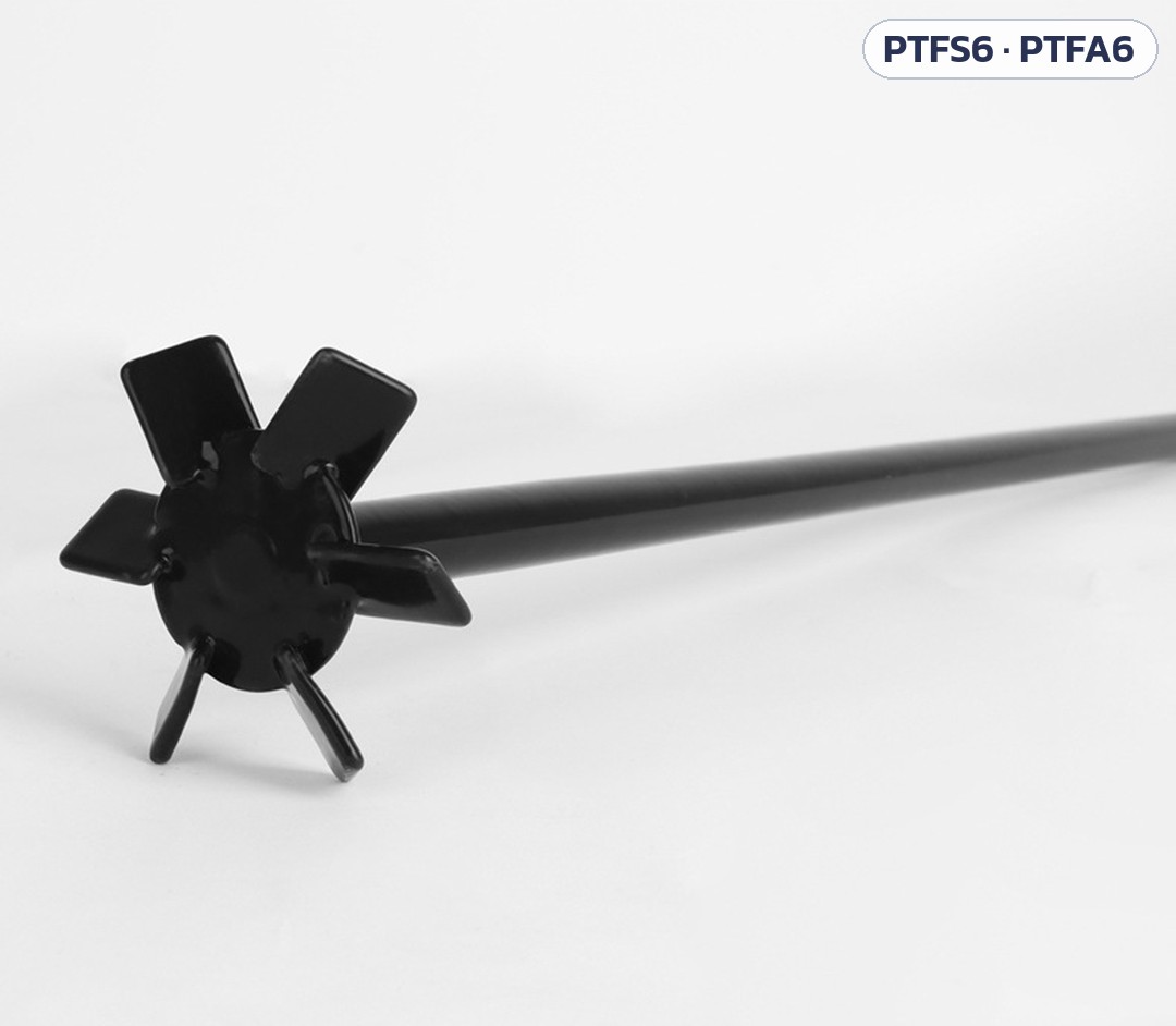 ภาพถ่ายสินค้า: ใบกวนกังหัน 6 ใบ แบบใบเอียง เคลือบ PTFE ภาพด้านข้าง เห็นจานกลางและใบทั้ง 6 ใบ