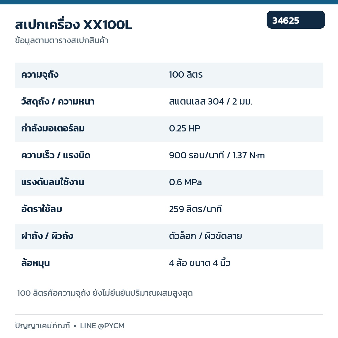 สเปกถัง 100 ลิตร สแตนเลส 304 มอเตอร์ลม 0.25 HP