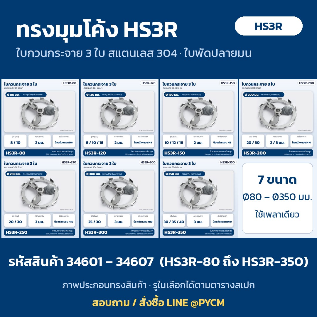 ใบกวนกระจาย 3 ใบ ทรงมุมโค้ง HS3R ครบ 7 ขนาด Ø80–350 มม. รหัส 34601–34607 (ภาพประกอบทรงสินค้า)