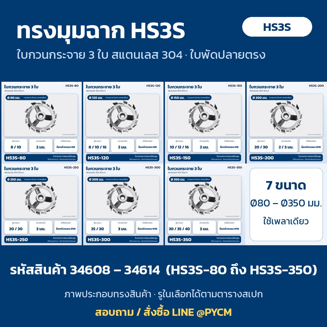 ใบกวนกระจาย 3 ใบ ทรงมุมฉาก HS3S ครบ 7 ขนาด Ø80–350 มม. รหัส 34608–34614 (ภาพประกอบทรงสินค้า)