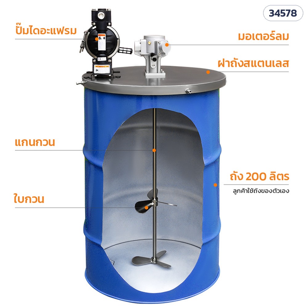 เครื่องกวนลมแบบฝาถัง 200 ลิตร – ชื่อชิ้นส่วน: ปั๊มไดอะแฟรม มอเตอร์ลม ฝาถังสแตนเลส แกนกวน ใบกวน (ถัง 200 ลิตรลูกค้าใช้ของตัวเอง)