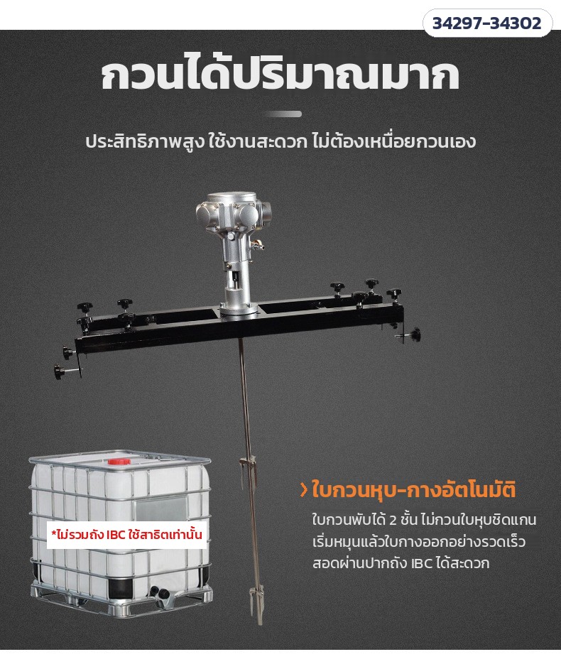 เครื่องกวนผสมระบบลม ถัง IBC – ใบกวนพับได้ 2 ชั้น ไม่หมุนใบหุบชิดแกน สอดผ่านปากถัง IBC ได้ หมุนแล้วกางออกเอง