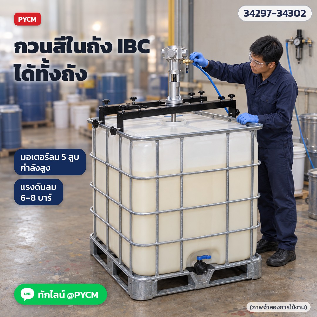 เครื่องกวนผสมระบบลม ถัง IBC – ภาพจำลองการใช้งาน: กวนสีในถัง IBC ปรับรอบด้วยวาล์วลม ผู้ใช้สวมแว่นนิรภัยและถุงมือ