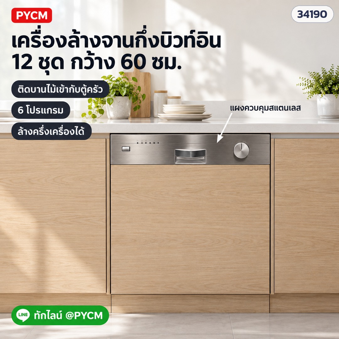 เครื่องล้างจานอัตโนมัติ กึ่งบิวท์อิน 60 ซม. 12 ชุด 6 โปรแกรม ล้างครึ่งเครื่อง แผงควบคุมสแตนเลส (ไม่มีบานหน้า ติดบานไม้ตามตู้ครัว) รุ่น DW-SB12