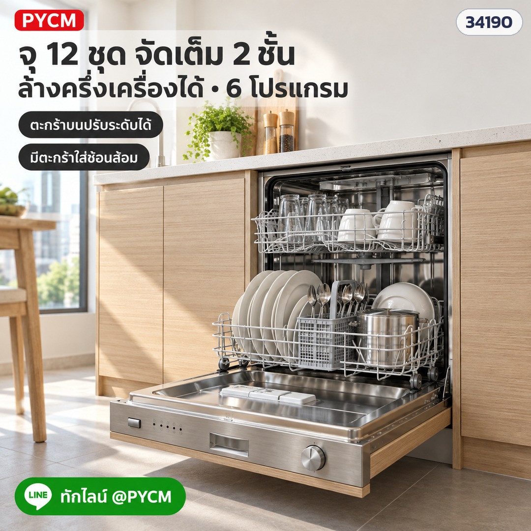 เครื่องล้างจานกึ่งบิวท์อิน 12 ชุด DW-SB12 – จุ 12 ชุด จัดภาชนะได้ 2 ชั้น ตะกร้าบนปรับระดับได้ มีตะกร้าใส่ช้อนส้อม (ภาพประกอบ)