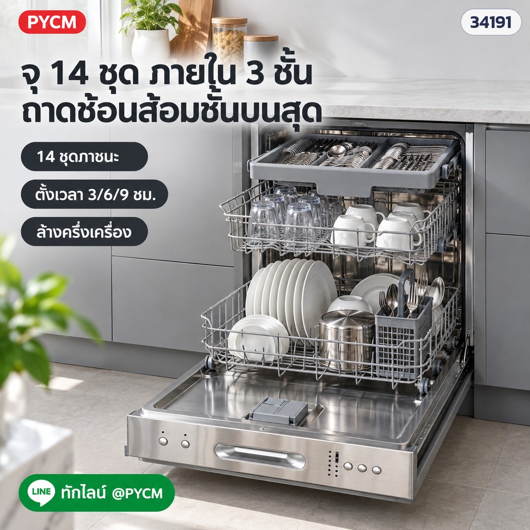 เครื่องล้างจานกึ่งบิวท์อิน 14 ชุด DW-SB14 – เปิดประตูเห็นภายใน 3 ชั้น จุ 14 ชุดภาชนะ ถาดช้อนส้อมชั้นบนสุด ตั้งเวลา 3/6/9 ชม. (ภาพประกอบโฆษณา)