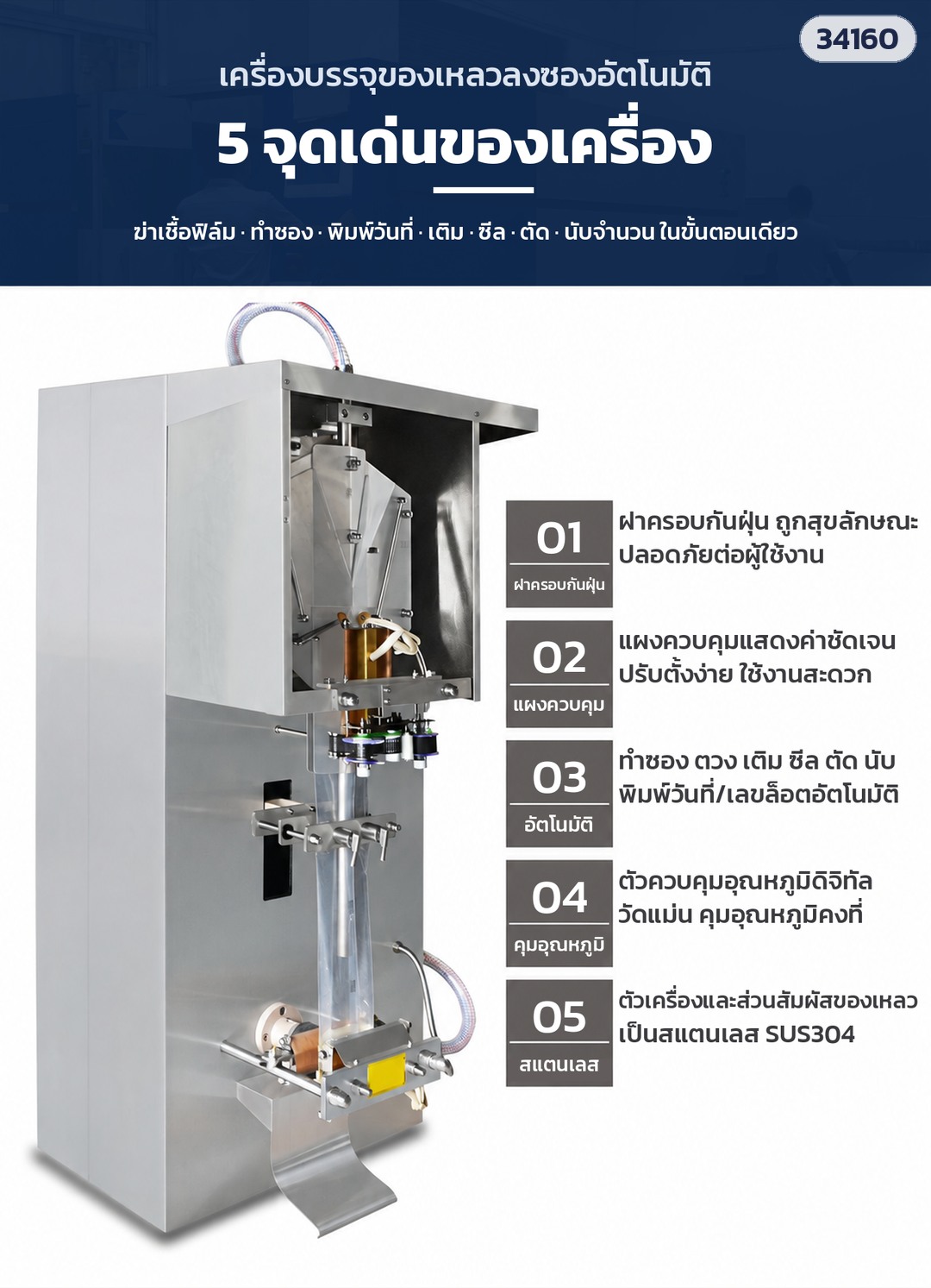 เครื่องบรรจุของเหลวลงซอง – 5 จุดเด่น: ฝาครอบกันฝุ่น (อุปกรณ์เสริม) · แผงควบคุมใช้ง่าย · ทำซอง ตวง เติม ซีล ตัด นับอัตโนมัติ · คุมอุณหภูมิดิจิทัล · สแตนเลส SUS304