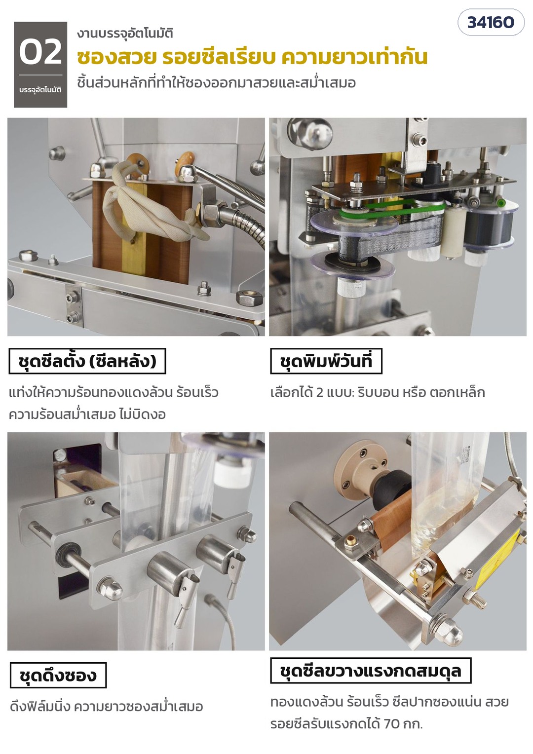 เครื่องบรรจุของเหลวลงซอง – ชุดซีลตั้งทองแดงล้วน · ชุดพิมพ์วันที่แบบริบบอน/ตอกเหล็ก (อุปกรณ์เสริม) · ชุดดึงซอง ความยาวซองสม่ำเสมอ · ชุดซีลขวางแรงกดสมดุล (ภาพเครื่องรุ่น SJ-1000)