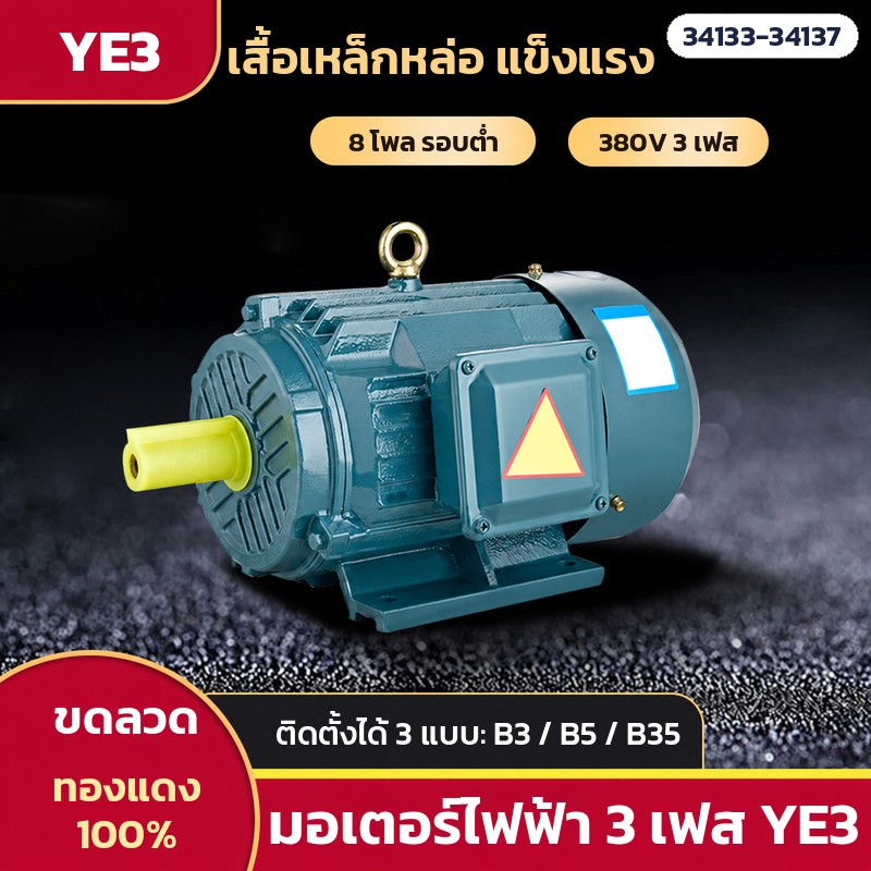 มอเตอร์ไฟฟ้า 3 เฟส YE3 เสื้อเหล็กหล่อ ขดลวดทองแดง 100% ติดตั้งได้ 3 แบบ B3 / B5 / B35