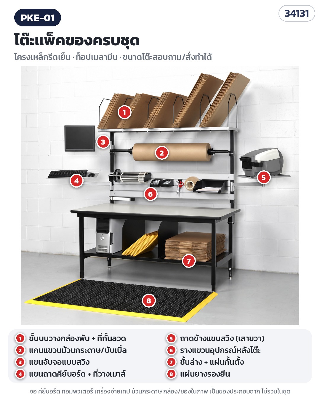 โต๊ะแพ็คของครบชุด PKE-01 (รหัส 34131) — อุปกรณ์ 8 จุด: ชั้นวางกล่องพับ แกนม้วนกระดาษ แขนจอ ถาดคีย์บอร์ด ถาดข้าง รางแขวน ชั้นล่าง แผ่นยางรองยืน