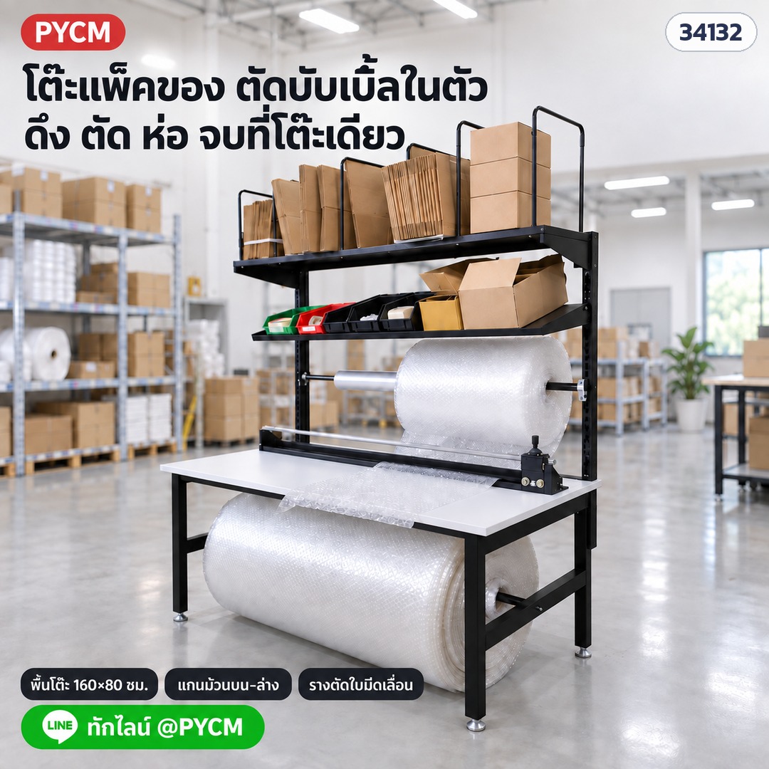 โต๊ะแพ็คของโครงดำ PKD-01 – ดึง ตัด ห่อ จบที่โต๊ะเดียว — แกนม้วนบน-ล่าง รางตัดใบมีดเลื่อน พื้นโต๊ะ 160 × 80 ซม. (ภาพประกอบ)