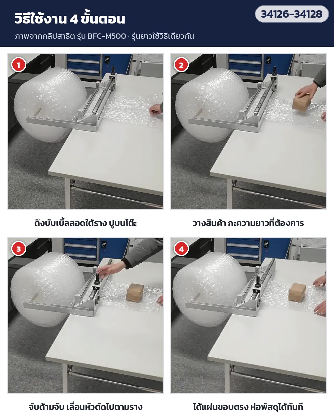 เครื่องตัดบับเบิ้ล – วิธีใช้ 4 ขั้นตอน: ดึงบับเบิ้ลลอดใต้ราง ปูบนโต๊ะ · กะความยาว · เลื่อนหัวตัดไปตามราง · ได้แผ่นขอบตรง ห่อพัสดุได้ทันที (ภาพจากคลิปสาธิตรุ่น BFC-M500)