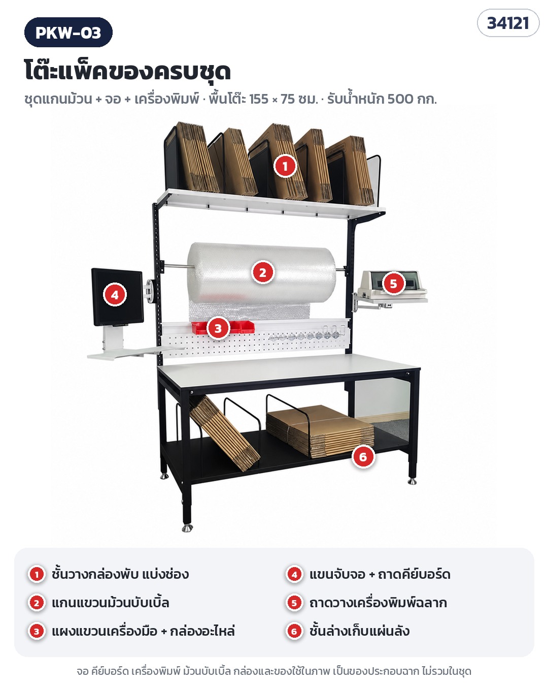 โต๊ะแพ็คของครบชุด – PKW-03 แกนม้วน + จอ + เครื่องพิมพ์ — แกนม้วนบับเบิ้ล + แขนจับจอ/ถาดคีย์บอร์ด + ถาดวางเครื่องพิมพ์ (ไม่มีชั้นกลาง)