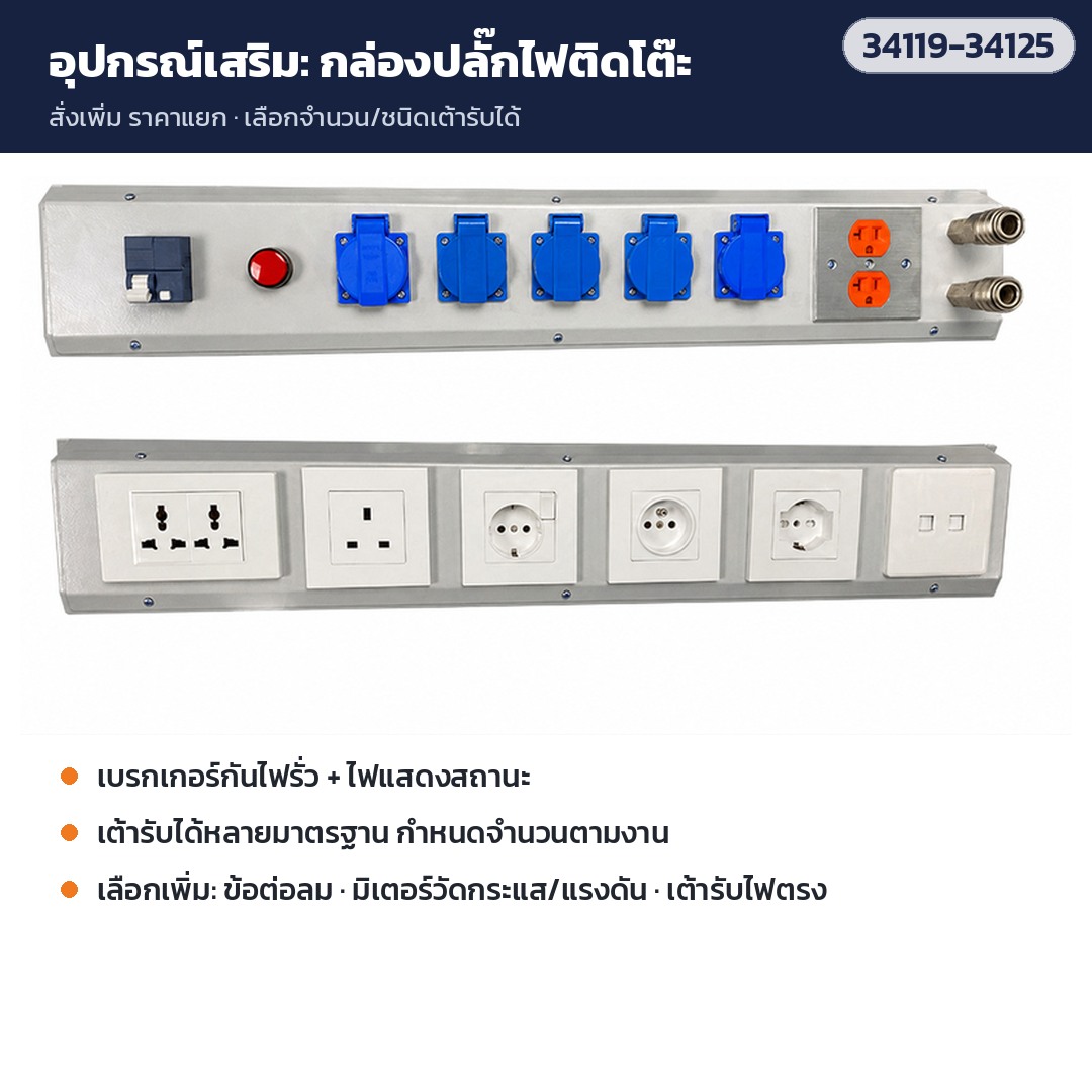 โต๊ะแพ็คของครบชุด – อุปกรณ์เสริม: กล่องปลั๊กไฟติดโต๊ะ (สั่งเพิ่ม)