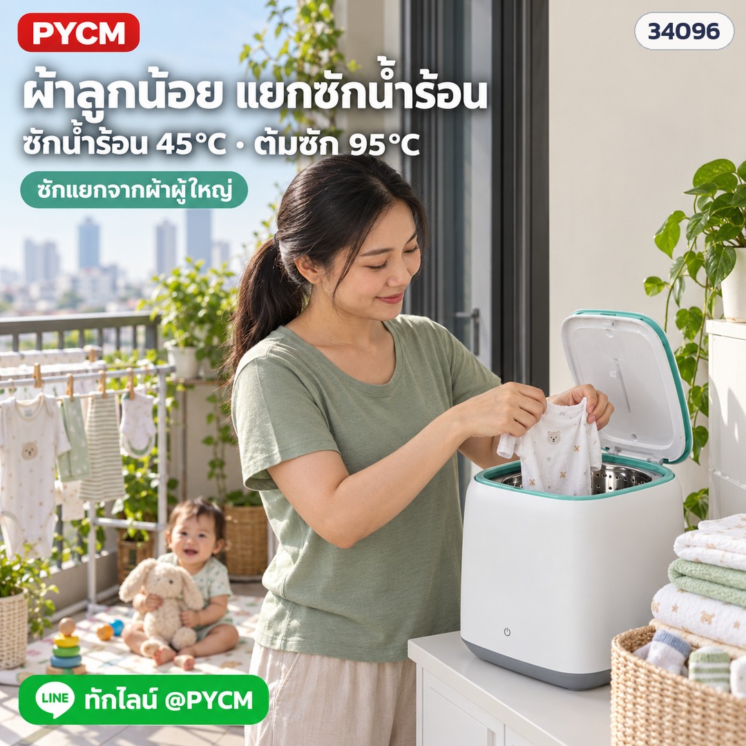 ผ้าลูกน้อยแยกซักน้ำร้อน 45°C และต้มซัก 95°C ด้วยเครื่องซักมินิฝาบน (ภาพประกอบ)