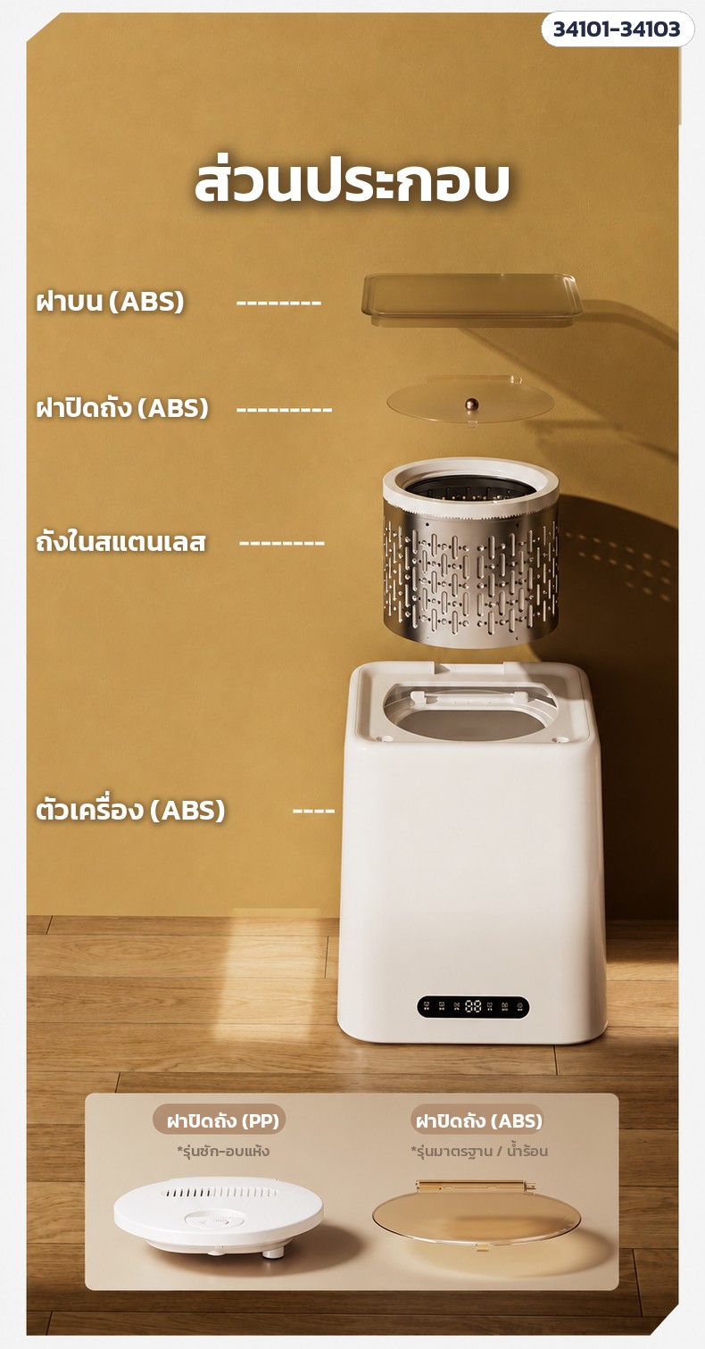 เครื่องซักชุดชั้นในมินิ – ส่วนประกอบ: ฝาบน ฝาปิดถัง ถังใน ตัวเครื่อง
