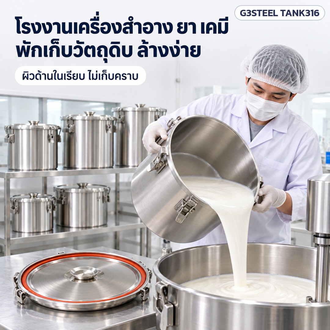 หม้อสแตนเลส 316 ฝาล็อก – โรงงานเครื่องสำอาง ยา เคมี พักเก็บวัตถุดิบ ล้างง่าย