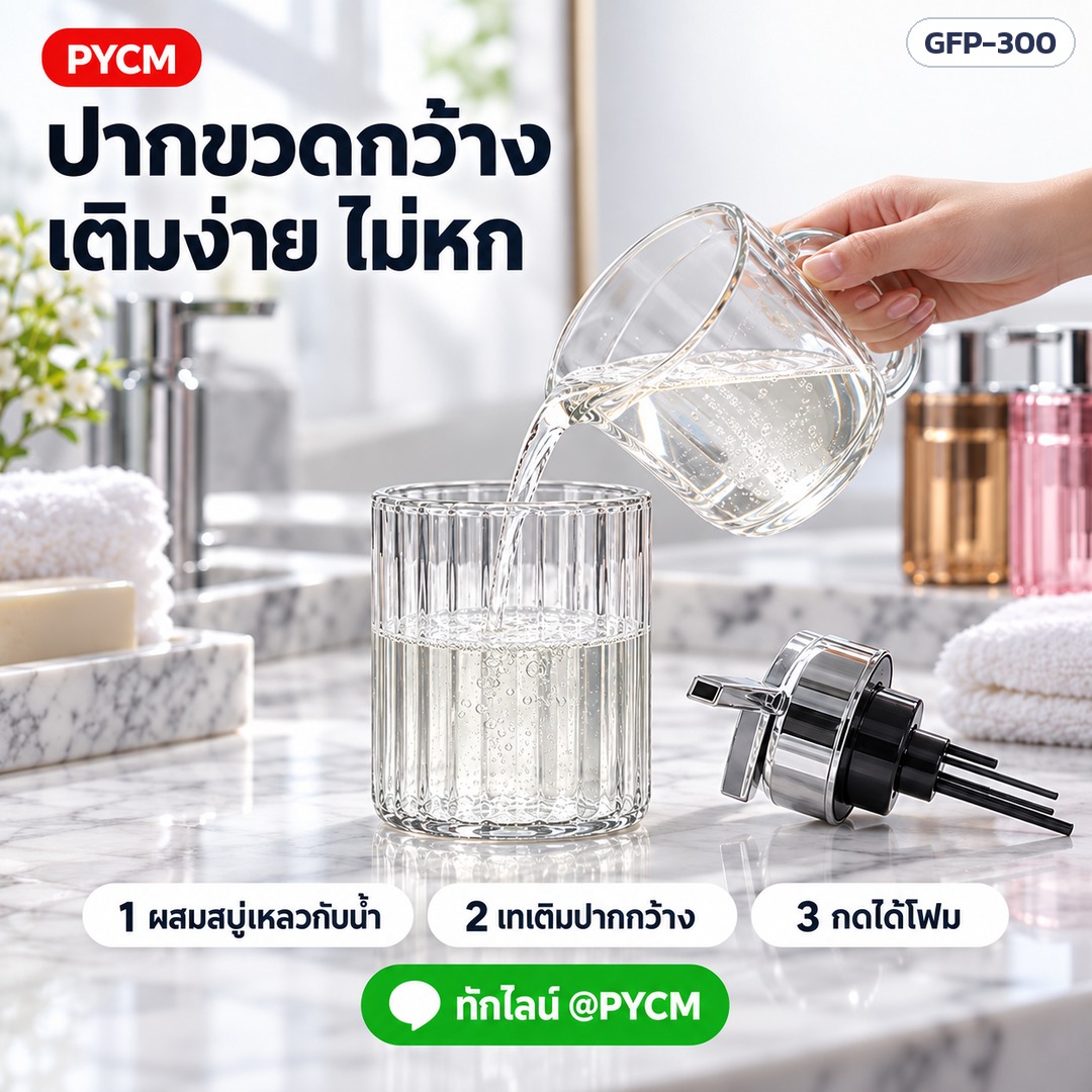 ขวดแก้วปั๊มโฟม 300 มล. – ปากขวดกว้าง เติมง่าย ผสมสบู่เหลวกับน้ำ เทเติม กดได้โฟม