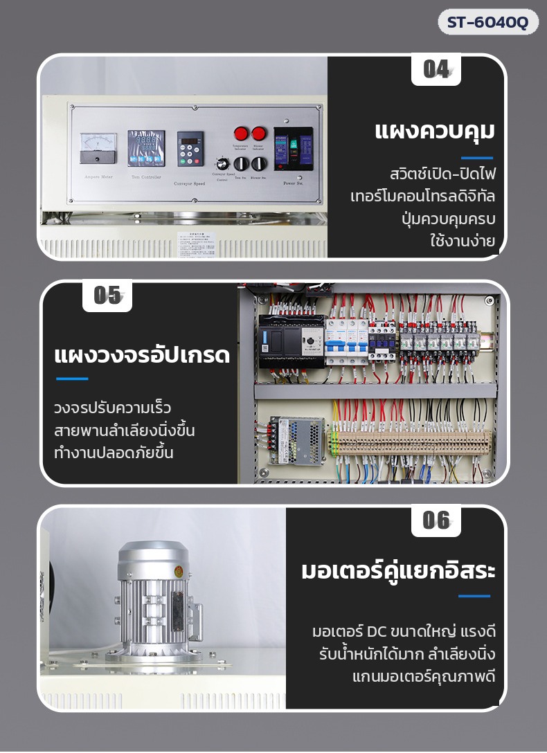 เครื่องสวมฟิล์มหด อุโมงค์อบฟิล์มหด – จุดเด่น: แผงควบคุม แผงวงจร มอเตอร์คู่