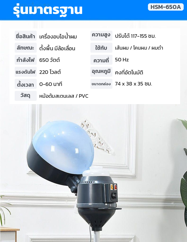 ตารางสเปกเครื่องอบไอน้ำผม รุ่นมาตรฐาน HSM-650A 650 วัตต์ 220V ตั้งเวลา 0-60 นาที