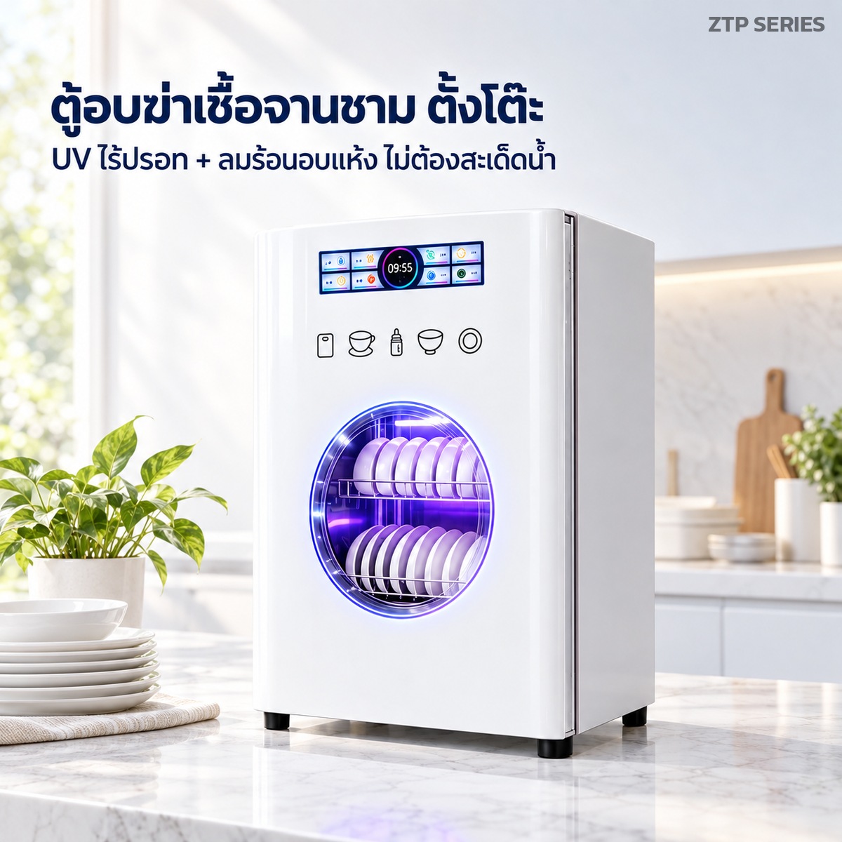 ตู้อบฆ่าเชื้อจานชาม ตั้งโต๊ะ UV ไร้ปรอท + ลมร้อนอบแห้ง 58 / 98 / 138 ลิตร มาตรฐาน / ดีลักซ์จอสี / เรือธงบลูออกซิเจน สีขาว-ดำ