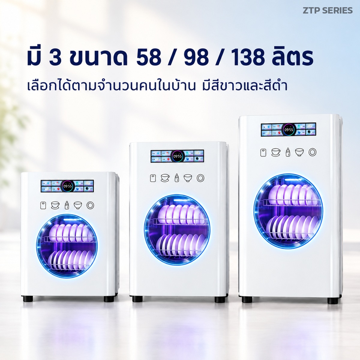 มี 3 ขนาด 58 / 98 / 138 ลิตร เลือกได้ตามจำนวนคนในบ้าน มีสีขาวและสีดำ