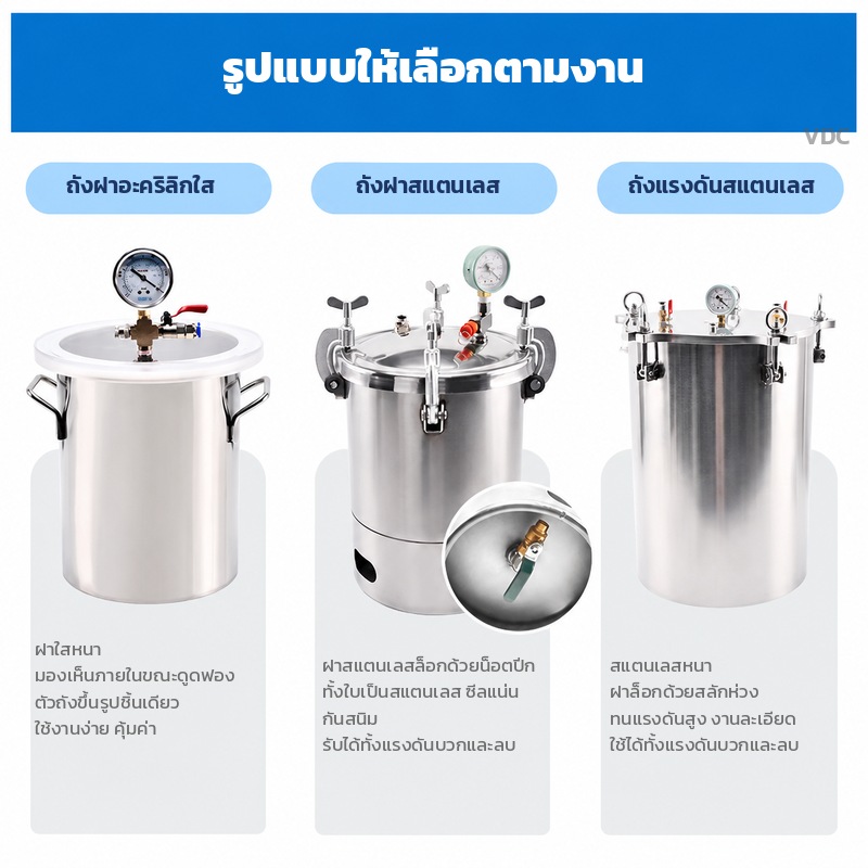 3 รูปแบบให้เลือก ถังฝาอะคริลิกใส ถังฝาสแตนเลส และถังแรงดันสแตนเลส