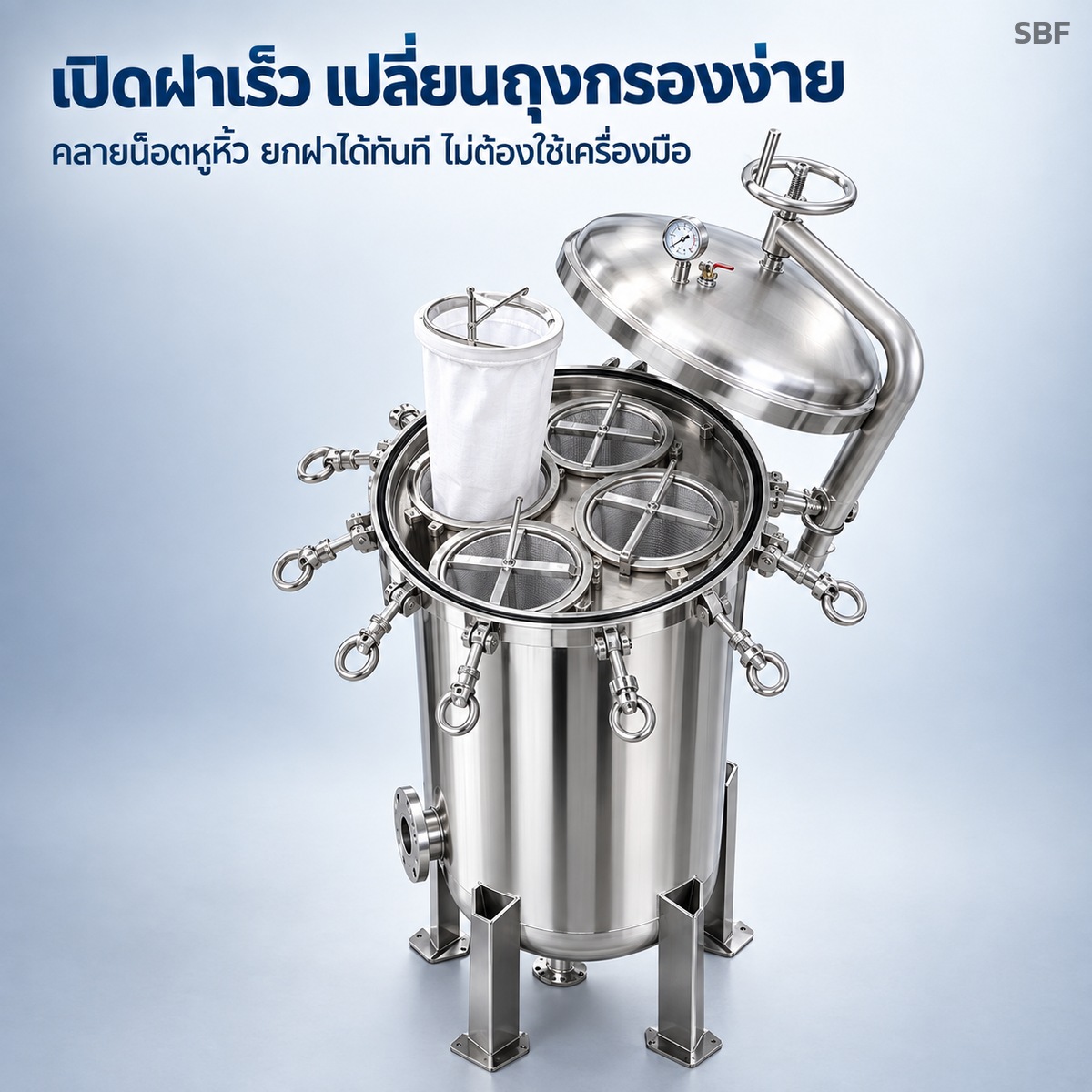 เปิดฝาเร็ว เปลี่ยนถุงกรองง่าย คลายน็อตหูหิ้ว ยกฝาได้ทันที ไม่ต้องใช้เครื่องมือ
