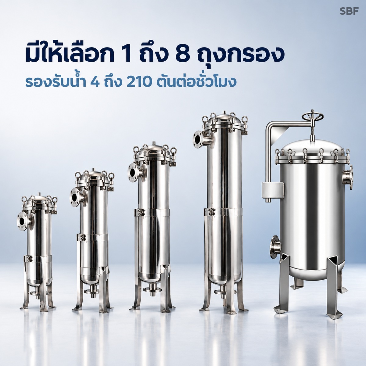 มีให้เลือก 1 ถึง 8 ถุงกรอง รองรับน้ำ 4 ถึง 210 ตันต่อชั่วโมง