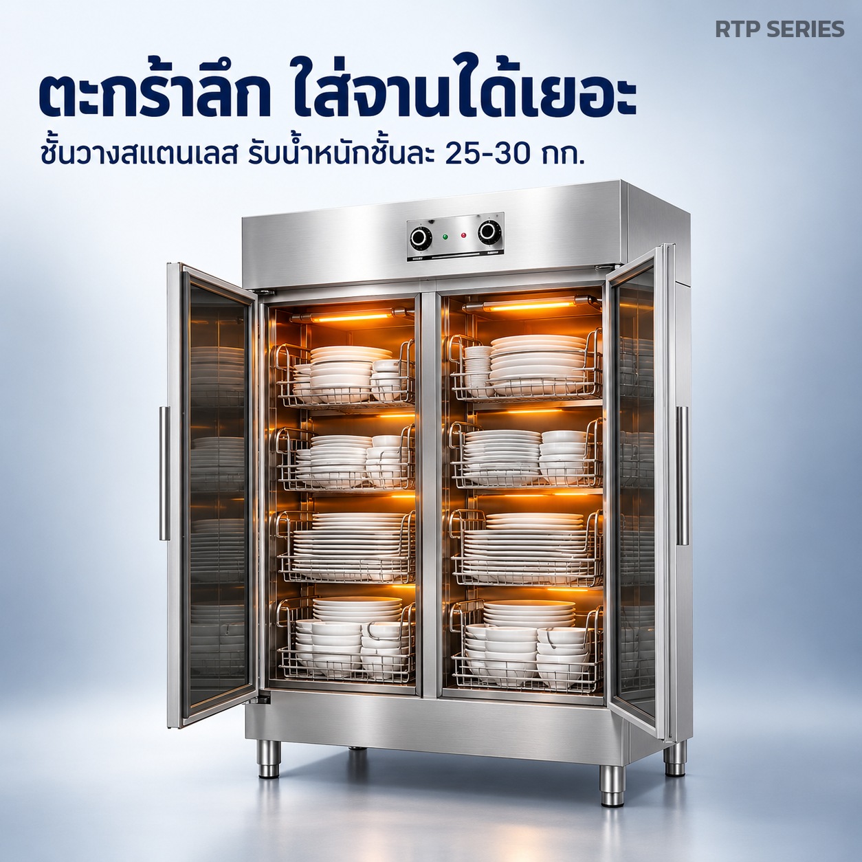 ตะกร้าลึกใส่จานได้เยอะ ชั้นวางสแตนเลส รับน้ำหนักชั้นละ 25-30 กก.