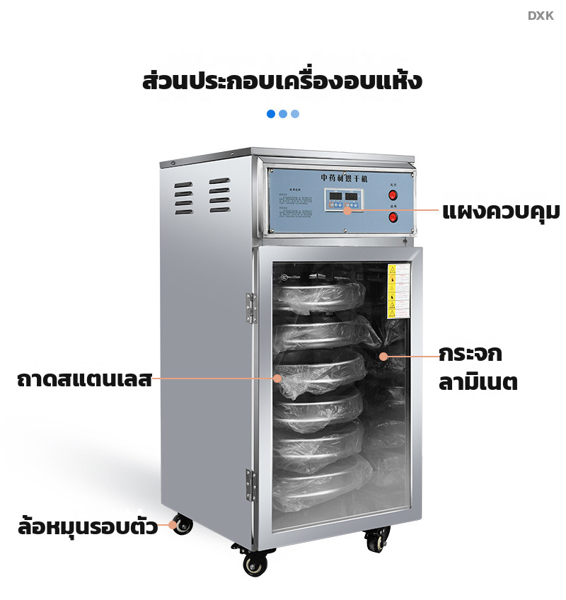 ส่วนประกอบตู้อบ แผงควบคุม กระจกลามิเนต ถาดสแตนเลส ล้อหมุนรอบตัว