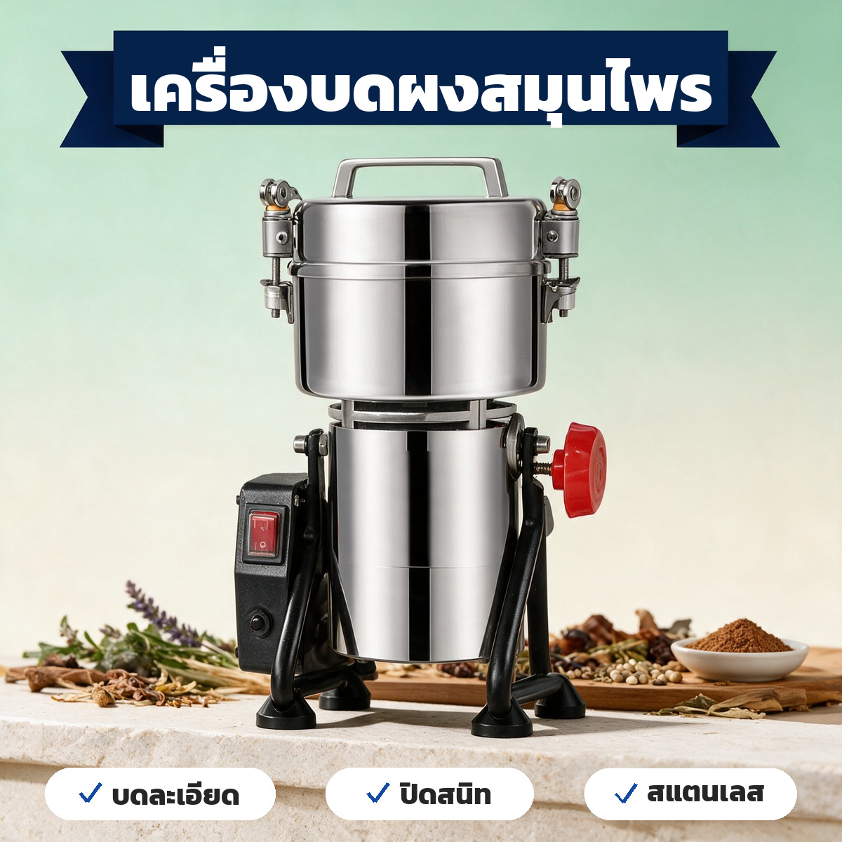 เครื่องบดผงสมุนไพรแบบโยกเหวี่ยง โถสแตนเลสปิดสนิท บดละเอียดเป็นผง