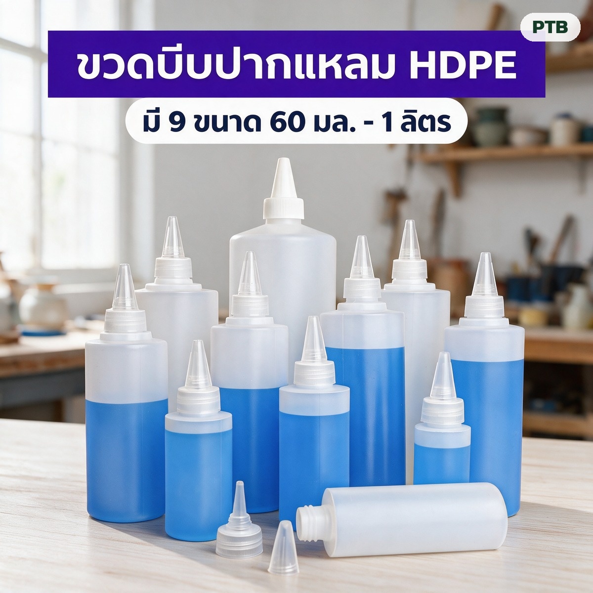 ขวดบีบปากแหลม HDPE กึ่งใส 60 มล. – 1 ลิตร ฝา 2 ชั้น เลือกได้ 9 ขนาด