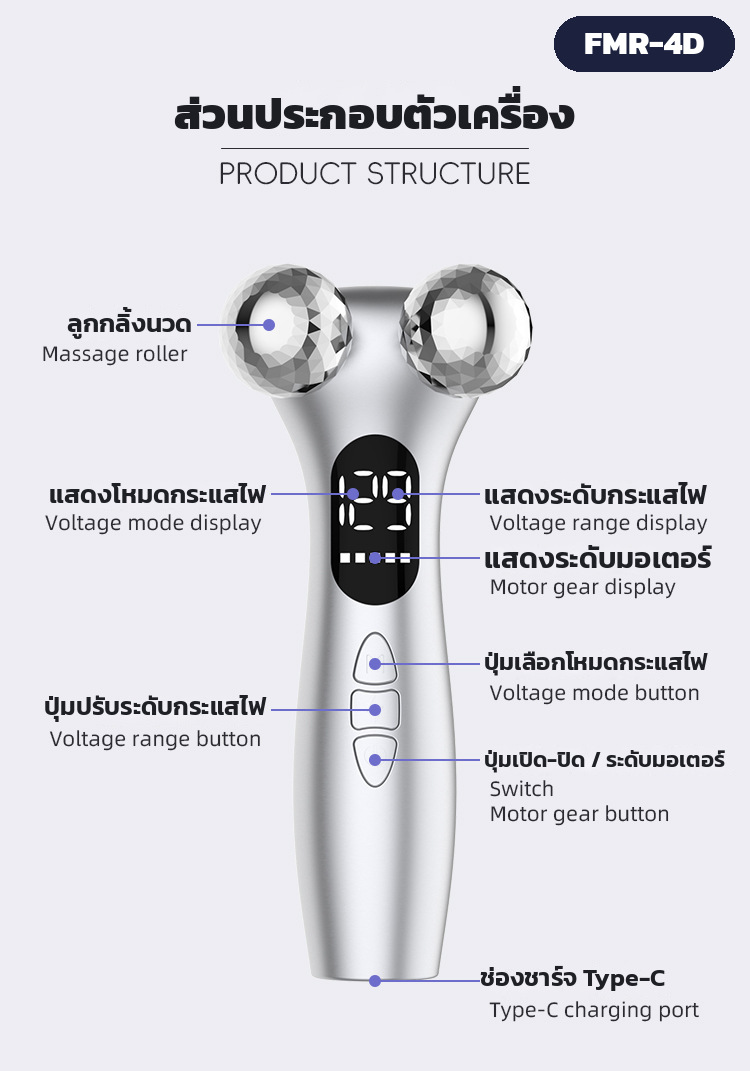 ส่วนประกอบตัวเครื่อง ลูกกลิ้งนวด จอ LED ปุ่มควบคุม 3 ปุ่ม และช่องชาร์จ Type-C