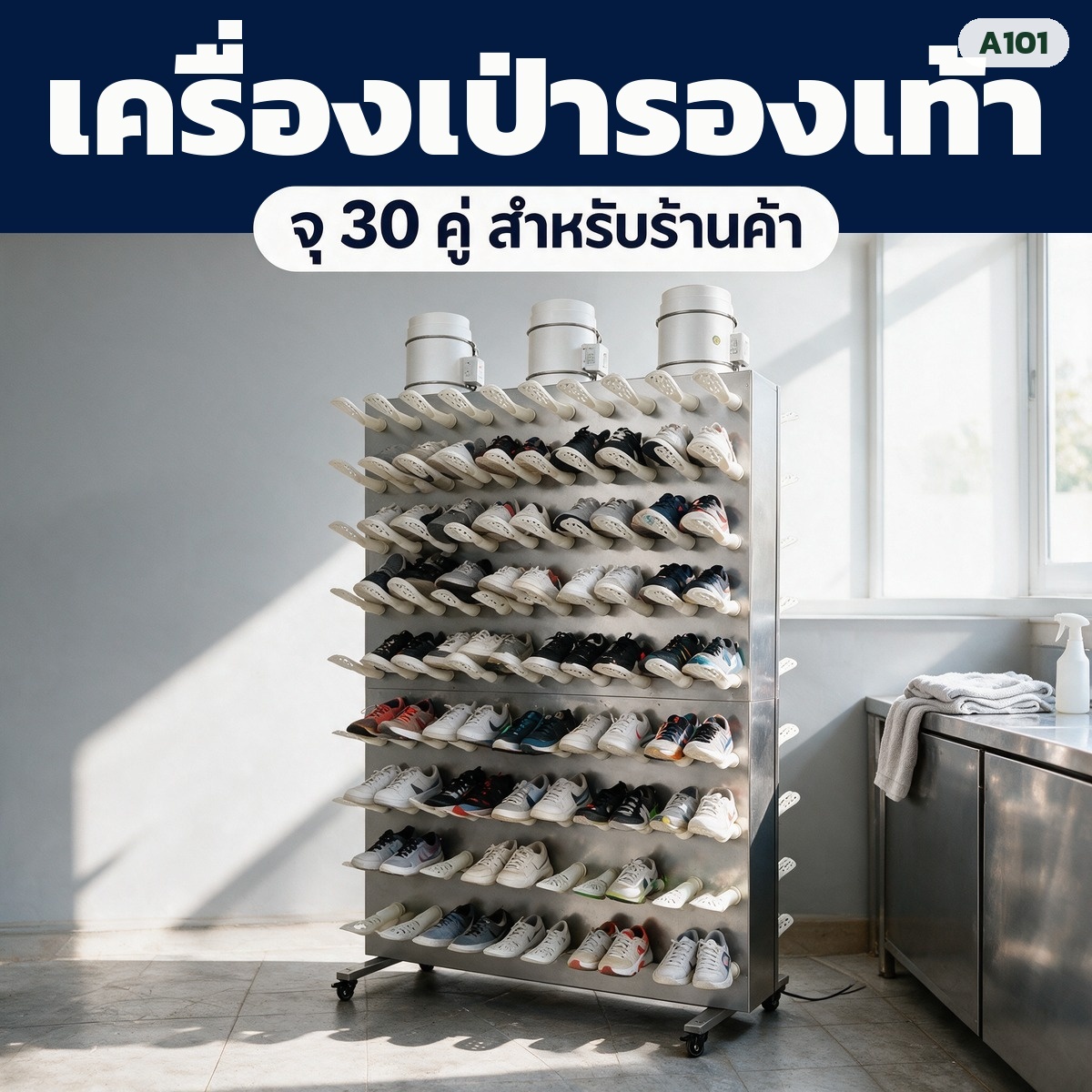 เครื่องเป่ารองเท้าเชิงพาณิชย์ ลมเย็น โครงสแตนเลส รุ่น A101 แห้งไวไม่ใช้ความร้อน 160W (เลือกขนาด 30 / 49 / 98 คู่)