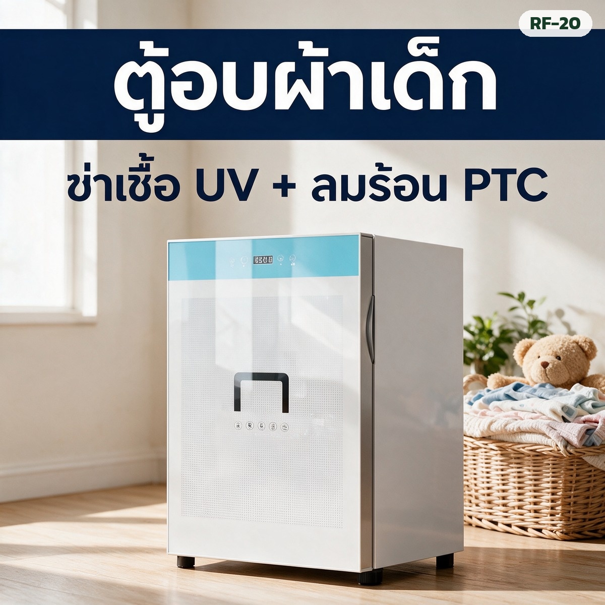 ตู้อบผ้าเด็ก ฆ่าเชื้อ UV + ลมร้อน PTC ความจุ 68 ลิตร รุ่น RF-20 ตั้งเวลาได้ (เลือกสีได้ ชมพู / ฟ้า)