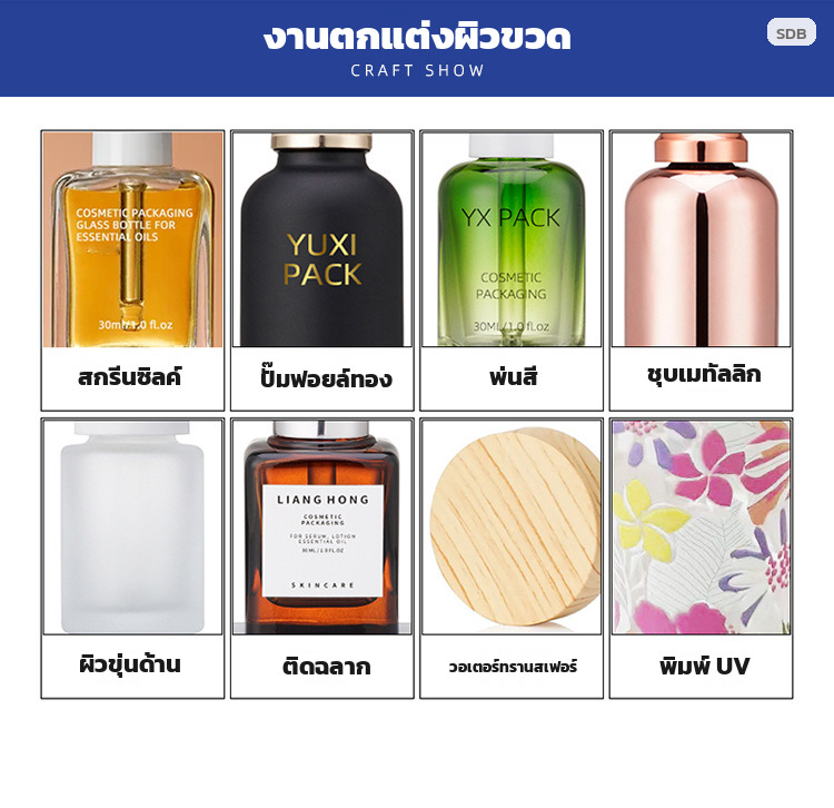 งานตกแต่งผิวขวด สกรีนซิลค์ ปั๊มฟอยล์ พ่นสี ชุบเมทัลลิก ผิวด้าน ติดฉลาก วอเตอร์ทรานสเฟอร์ และพิมพ์ UV
