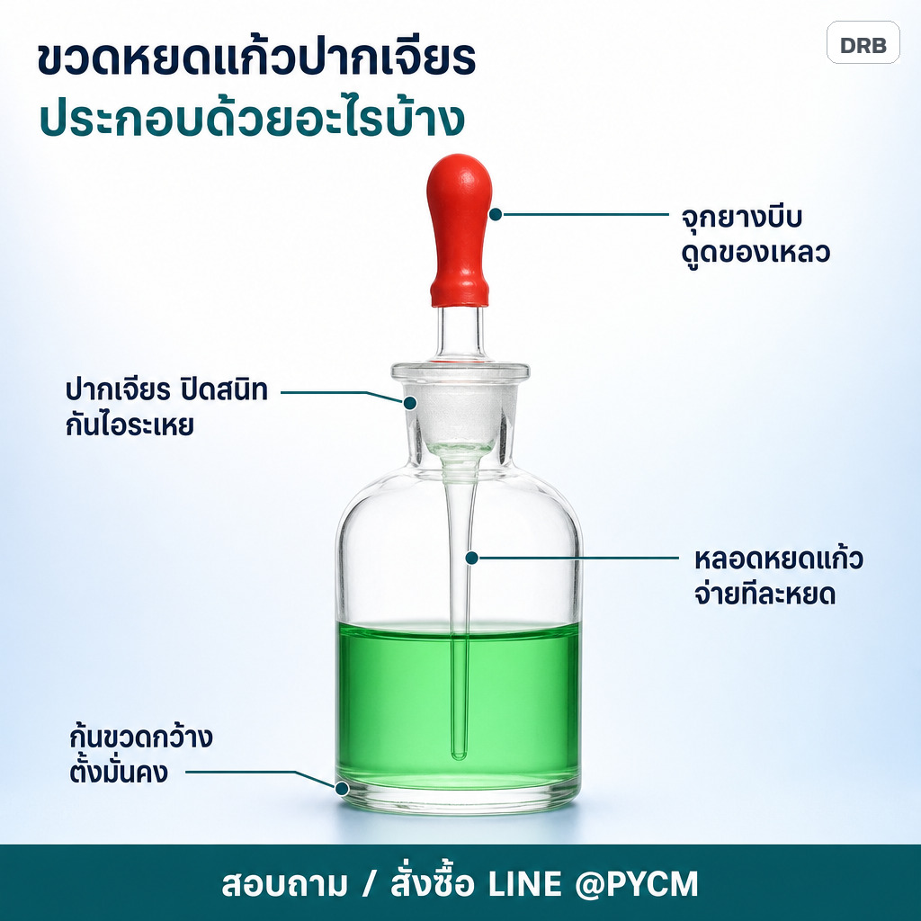 ขวดหยดแก้วปากเจียร ใส / สีชา 30 60 125 250 มล. พร้อมหลอดหยดจุกยางแดง (ขวดหยดห้องแล็บ)