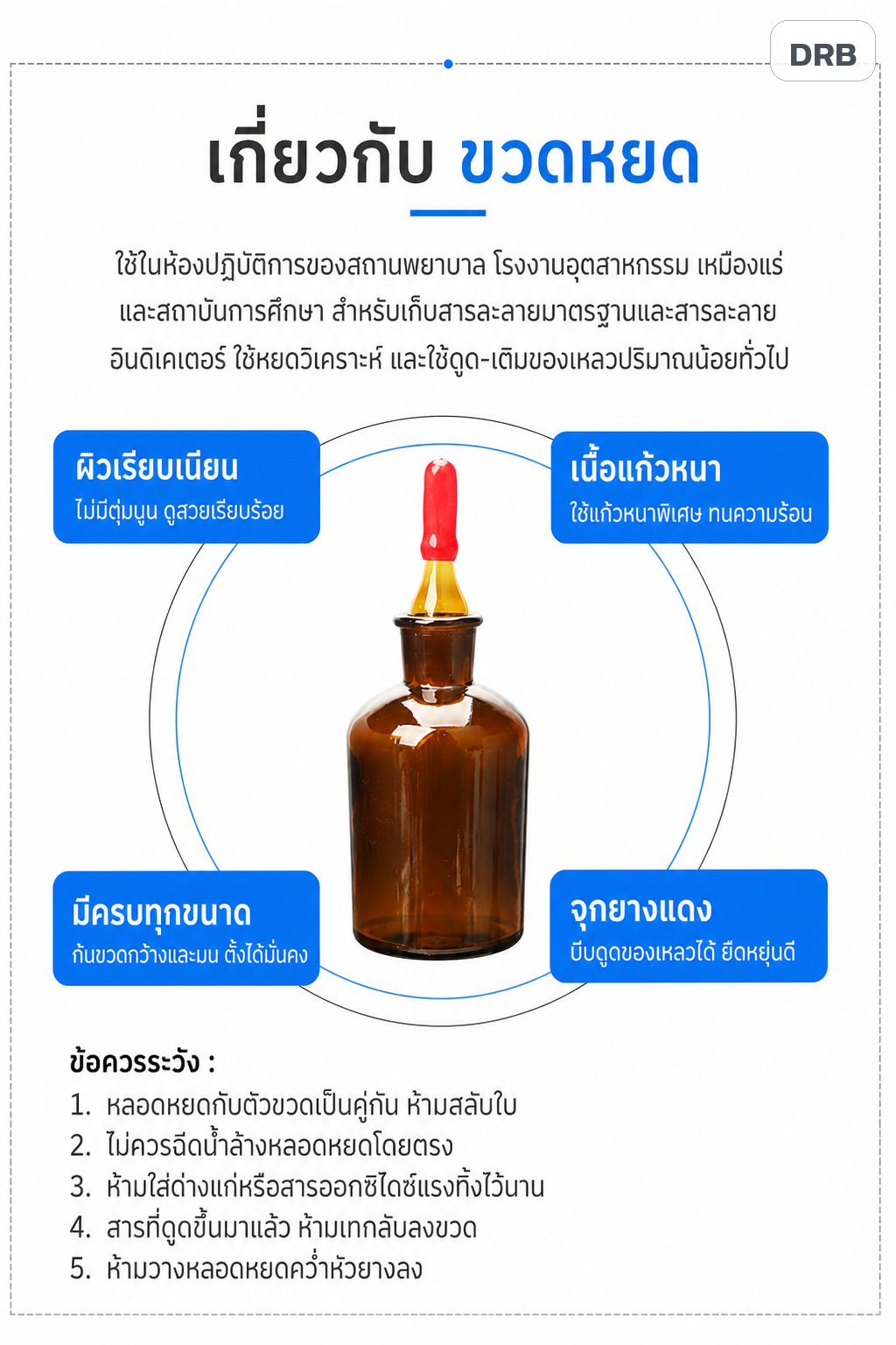 ขวดหยดแก้ว ผิวเรียบเนียน เนื้อแก้วหนา มีครบทุกขนาด จุกยางแดง พร้อมข้อควรระวังการใช้งาน
