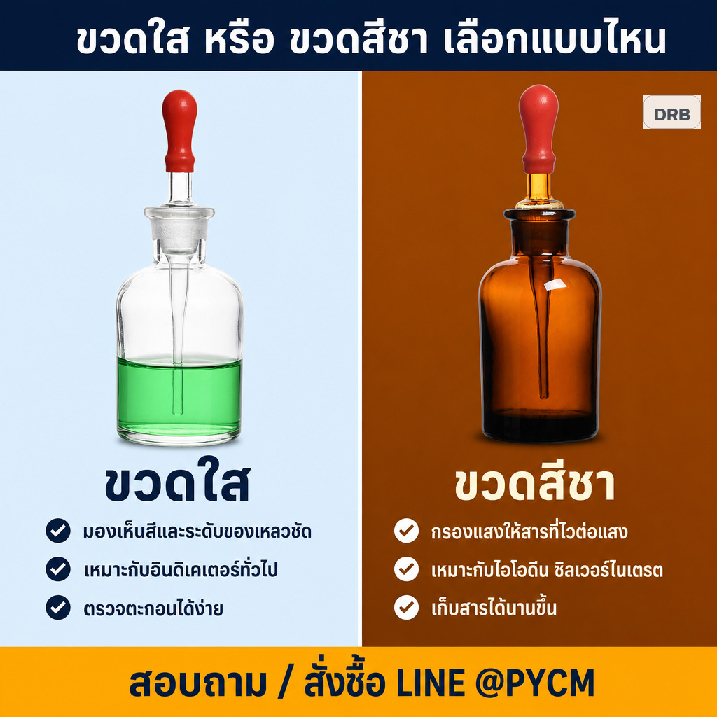 เปรียบเทียบขวดหยดแก้วแบบใสกับแบบสีชา ว่าเลือกแบบไหนกับสารชนิดใด