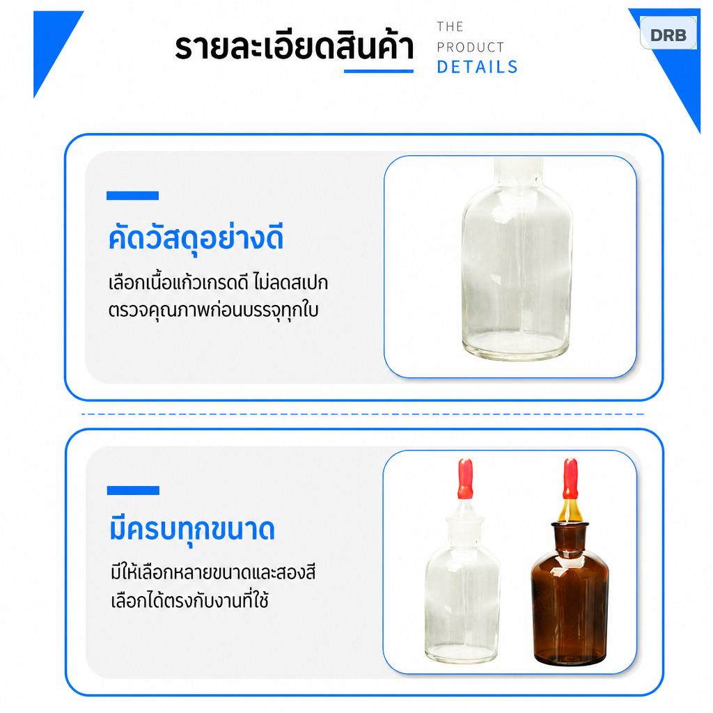 รายละเอียดขวดหยดแก้ว คัดวัสดุอย่างดี มีครบทุกขนาด