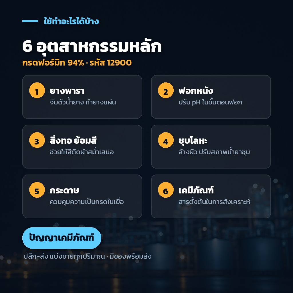 6 อุตสาหกรรมที่ใช้กรดฟอร์มิก ยางพารา ฟอกหนัง สิ่งทอ ชุบโลหะ กระดาษ เคมีภัณฑ์