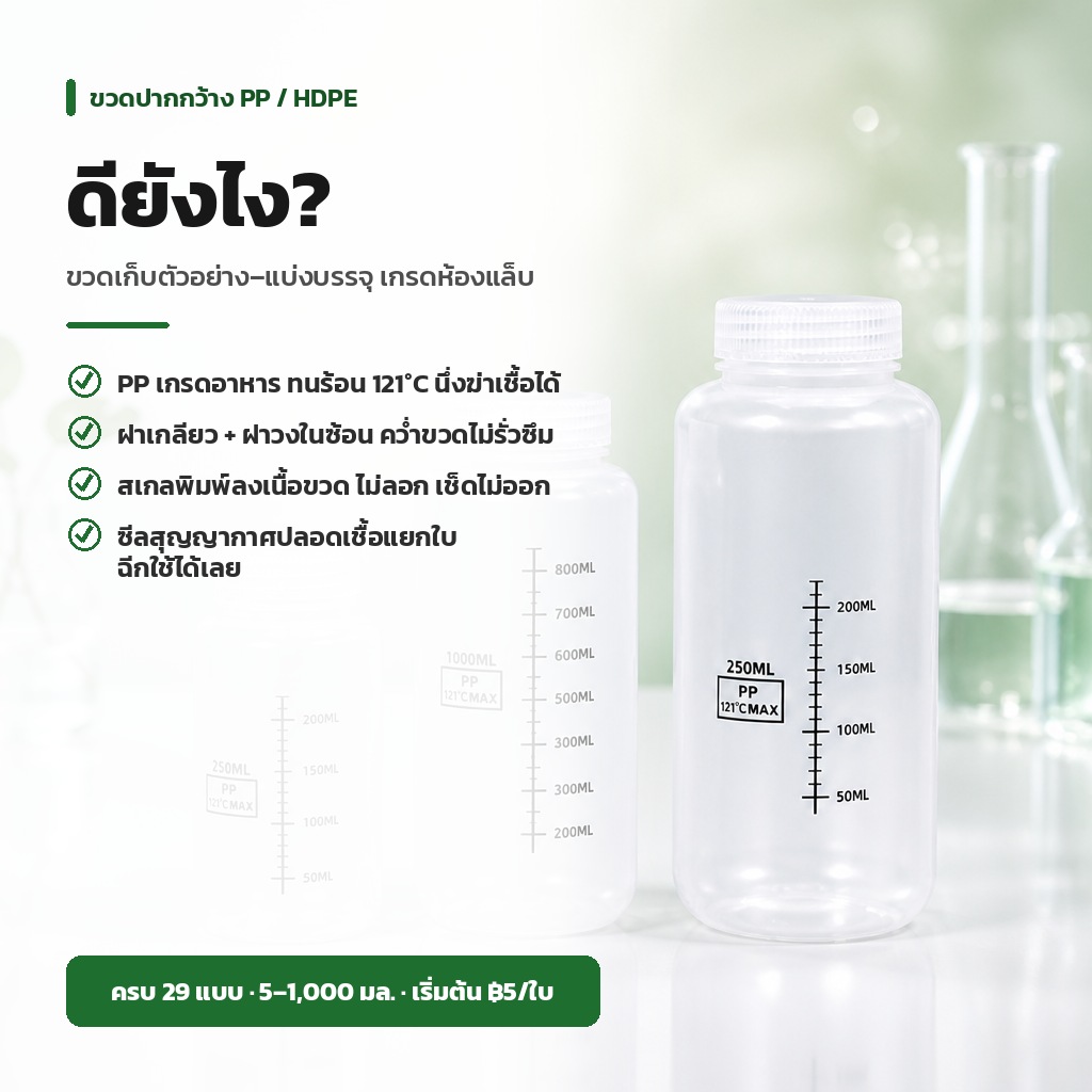 ขวดปากกว้างเก็บตัวอย่าง PP / HDPE ทนร้อน 121°C ซีลปลอดเชื้อรายใบ 5-1000 มล. 29 ตัวเลือก