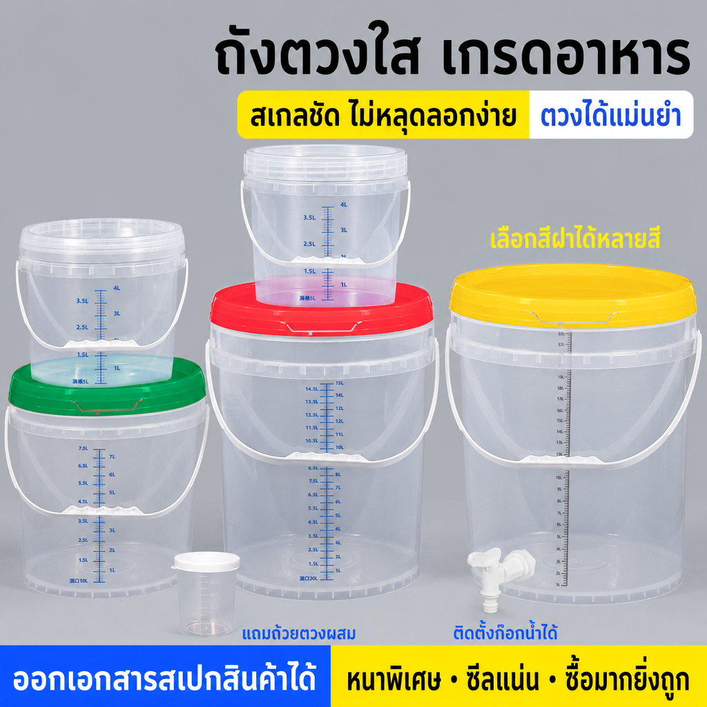 ถังตวงใสหลายขนาด เลือกสีฝาได้ แถมถ้วยตวง ติดตั้งก๊อกได้